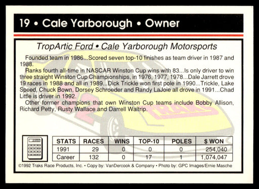 Cale Yarborough 1992 Traks Base Back of Card