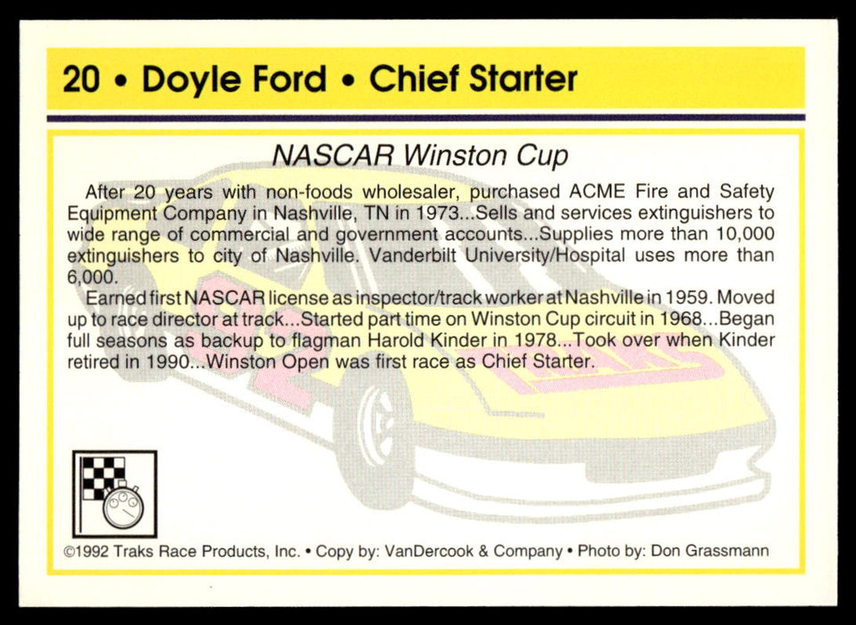 Doyle Ford 1992 Traks Base Back of Card