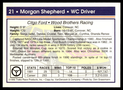 Morgan Shepherd 1992 Traks Base Back of Card