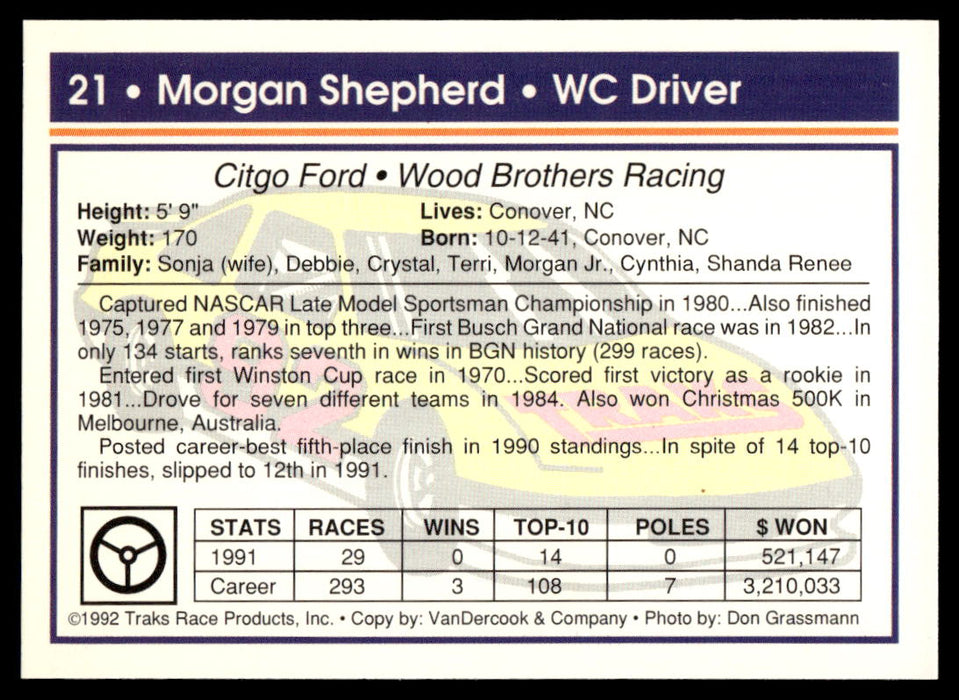 Morgan Shepherd 1992 Traks Base Back of Card