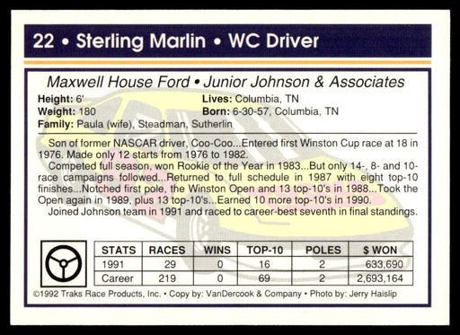 Sterling Marlin 1992 Traks Base Back of Card