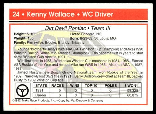 Kenny Wallace 1992 Traks Base Back of Card