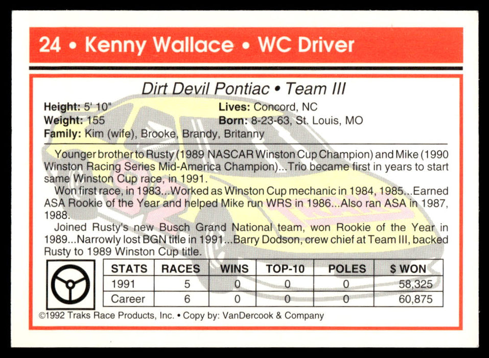 Kenny Wallace 1992 Traks Base Back of Card