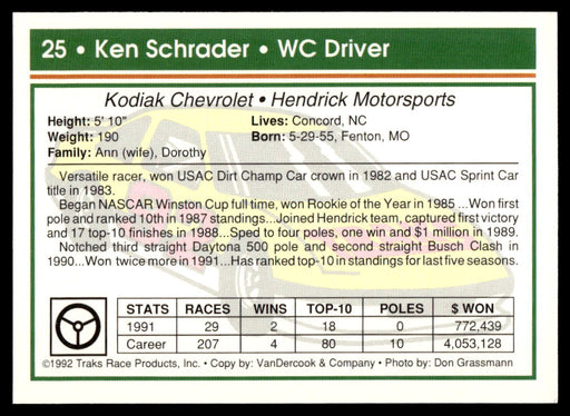 Ken Schrader 1992 Traks Base Back of Card