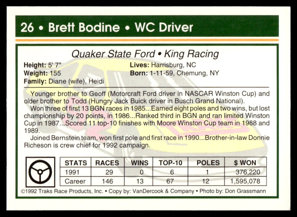 Brett Bodine 1992 Traks Base Back of Card