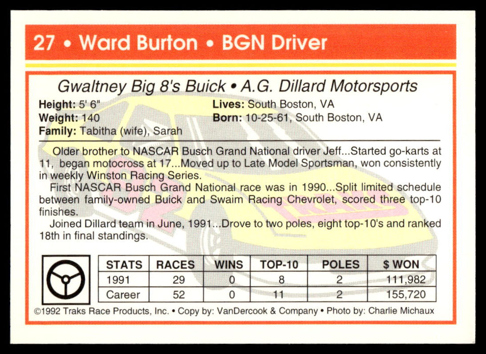 Ward Burton 1992 Traks Base Back of Card