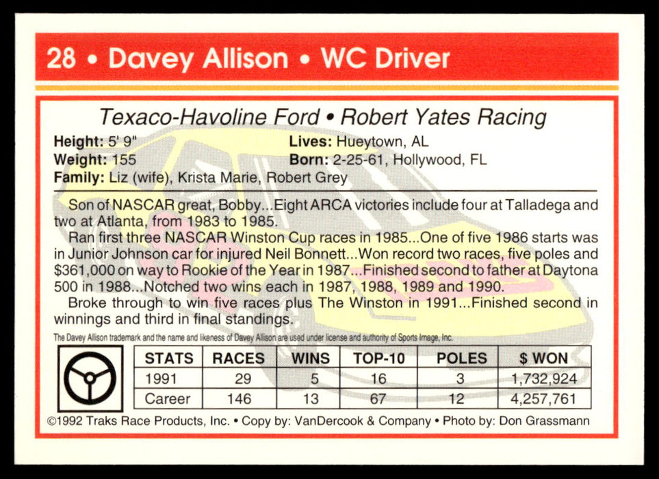 Davey Allison 1992 Traks Base Back of Card