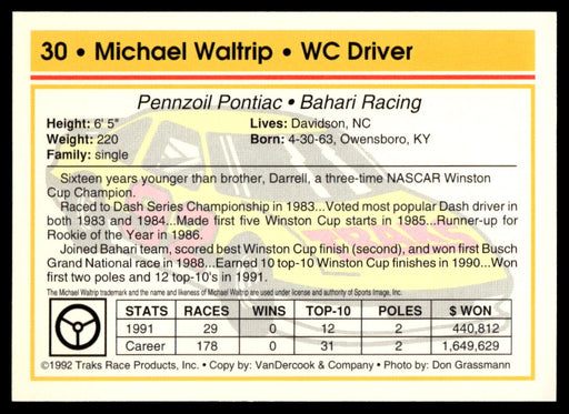 Michael Waltrip 1992 Traks Base Back of Card