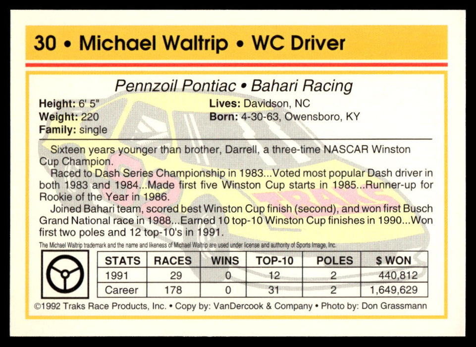 Michael Waltrip 1992 Traks Base Back of Card