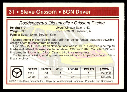 Steve Grissom 1992 Traks Base Back of Card