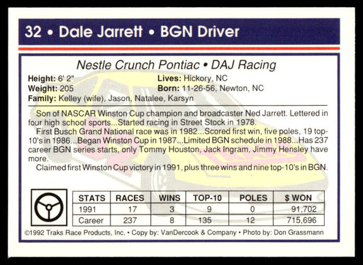 Dale Jarrett 1992 Traks Base Back of Card