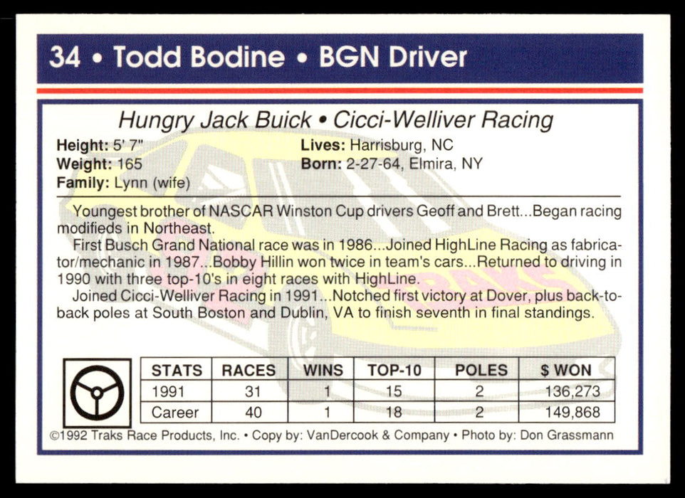 Todd Bodine 1992 Traks Base Back of Card