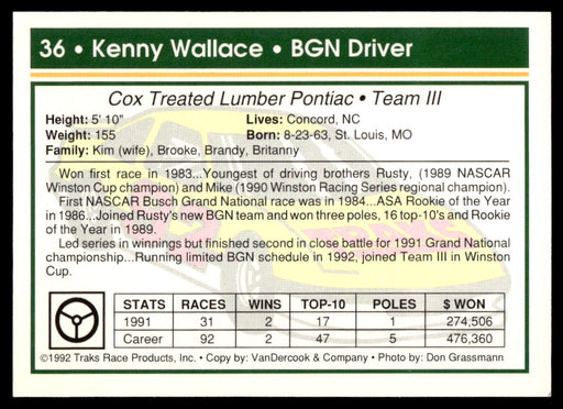 Kenny Wallace 1992 Traks Base Back of Card