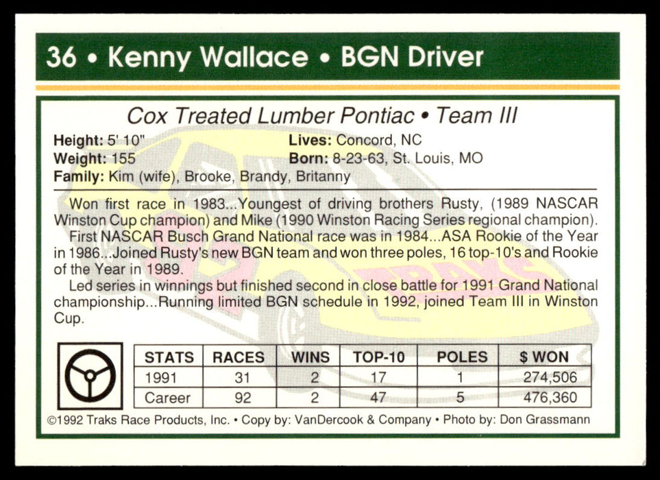 Kenny Wallace 1992 Traks Base Back of Card