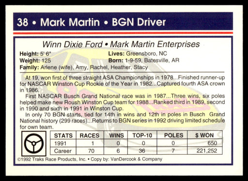 Mark Martin 1992 Traks Base Back of Card