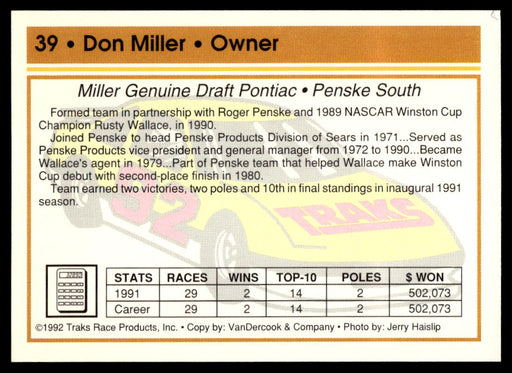 Don Miller 1992 Traks Base Back of Card