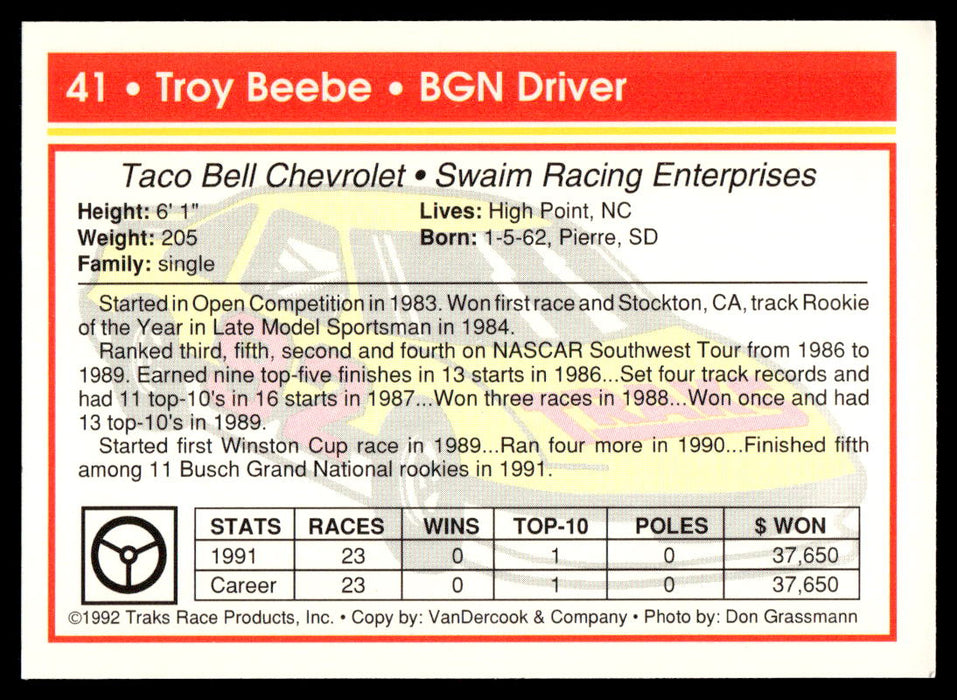 Troy Beebe 1992 Traks Base Back of Card