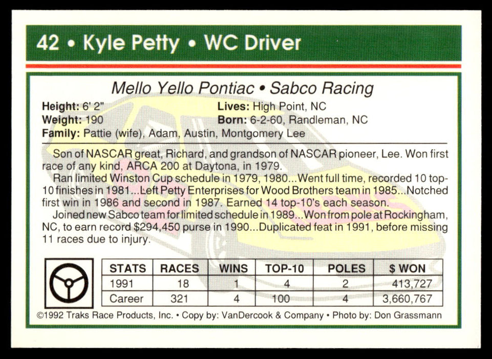 Kyle Petty 1992 Traks Base Back of Card