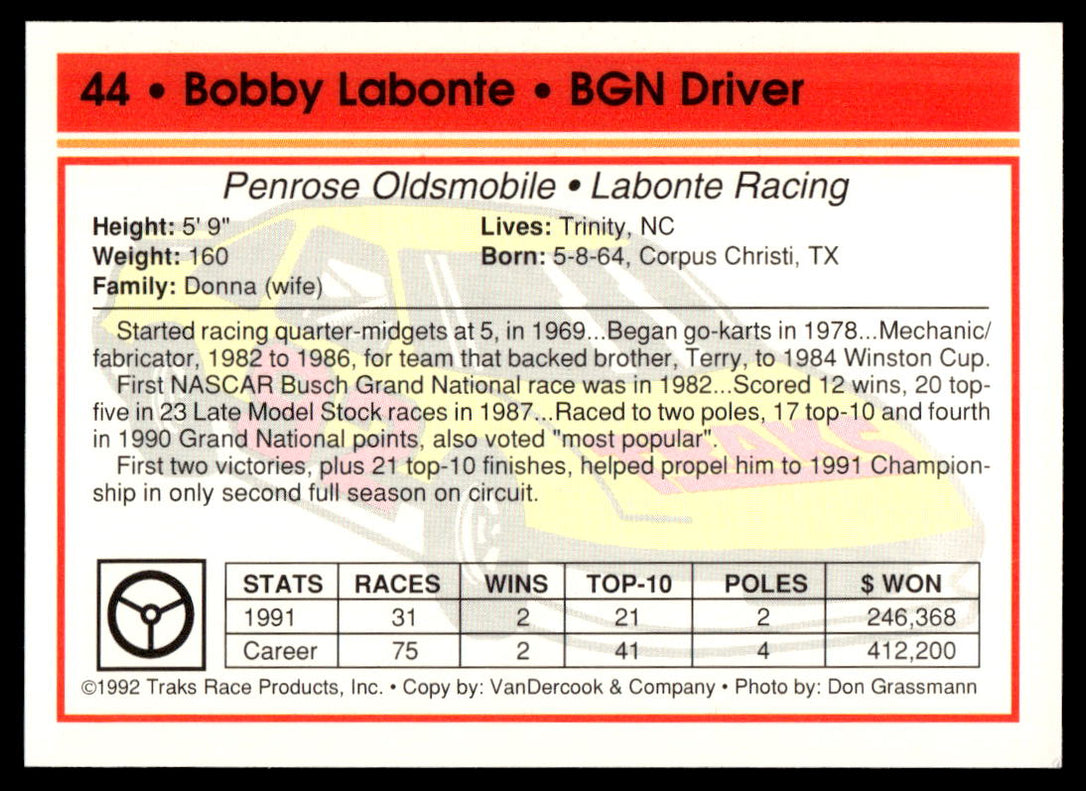 Bobby Labonte 1992 Traks # 44 Base — Collectible Craze America