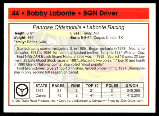 Bobby Labonte 1992 Traks Base Back of Card