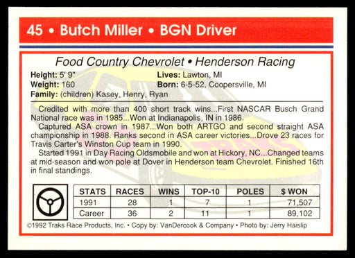 Butch Miller 1992 Traks Base Back of Card