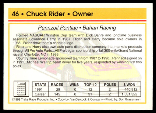 Chuck Rider 1992 Traks Base Back of Card