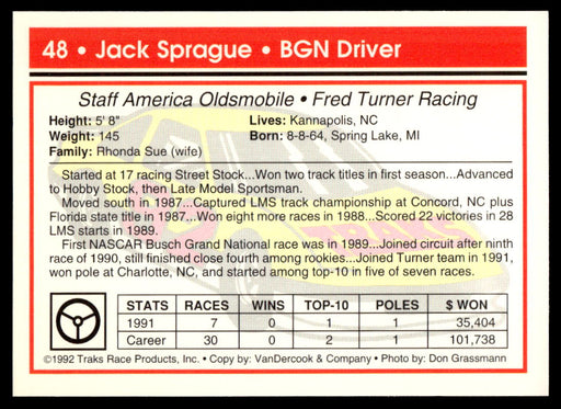 Jack Sprague 1992 Traks Base Back of Card