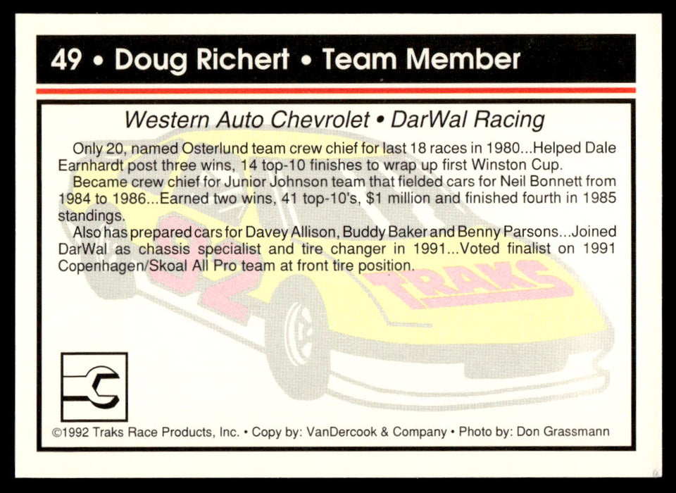 Doug Richert 1992 Traks Base Back of Card