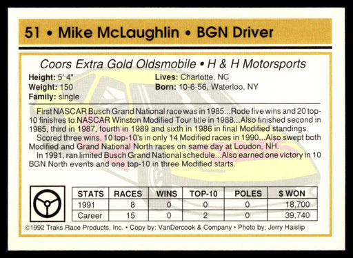 Mike McLaughlin 1992 Traks Base Back of Card