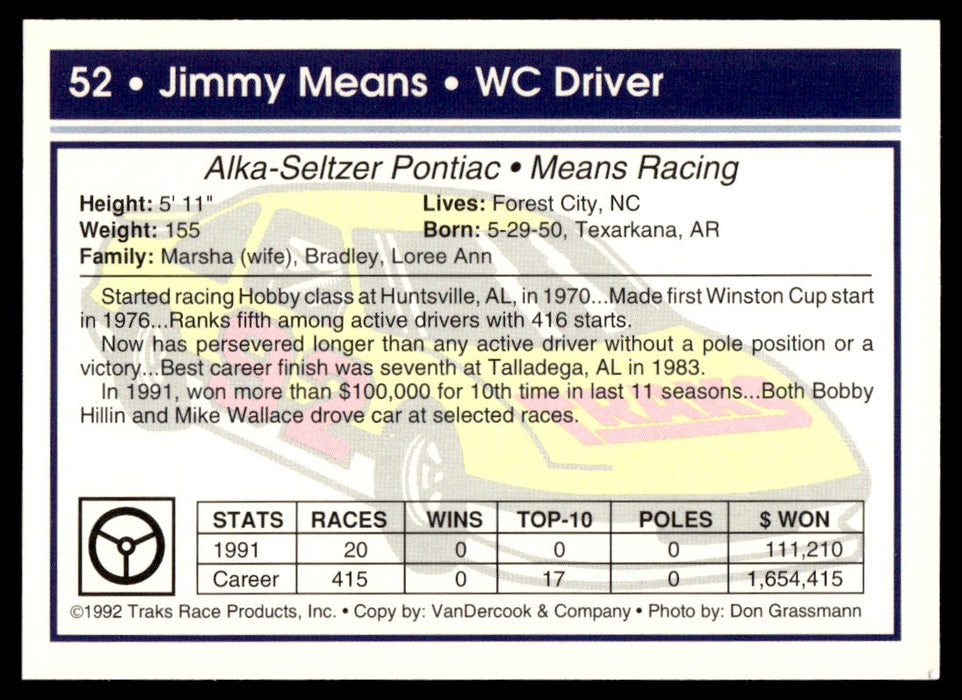 Jimmy Means 1992 Traks Base Back of Card