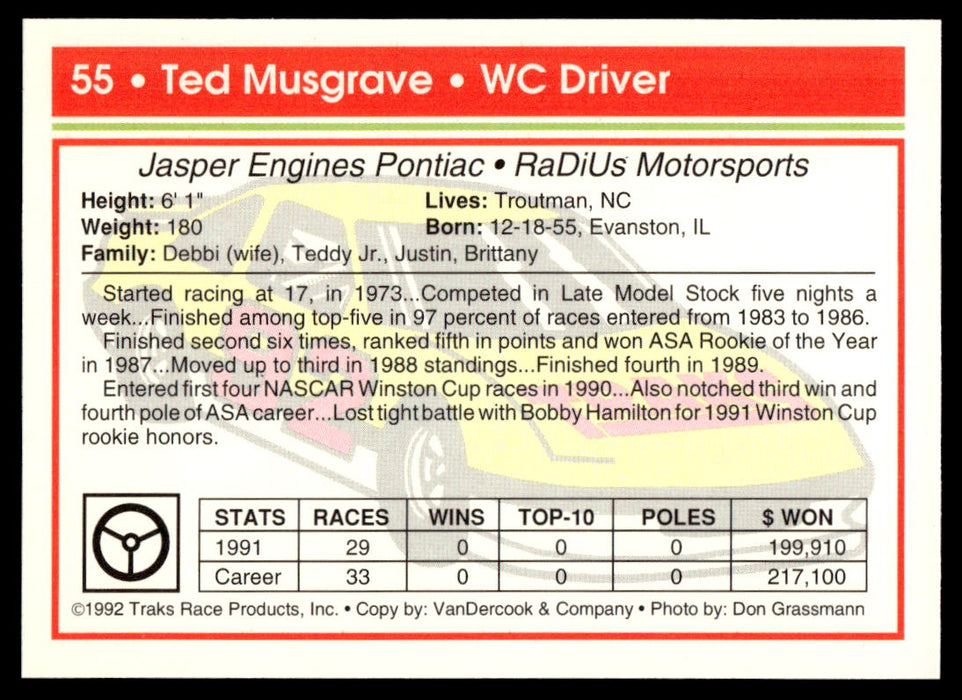 Ted Musgrave 1992 Traks Base Back of Card