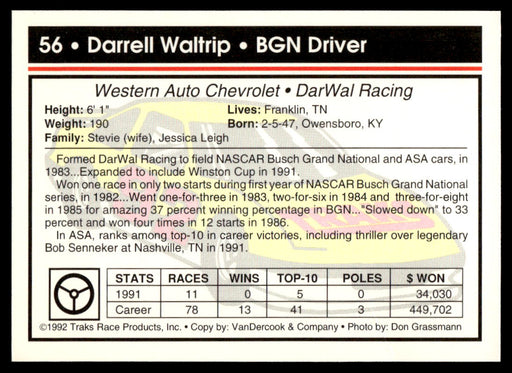 Darrell Waltrip 1992 Traks Base Back of Card