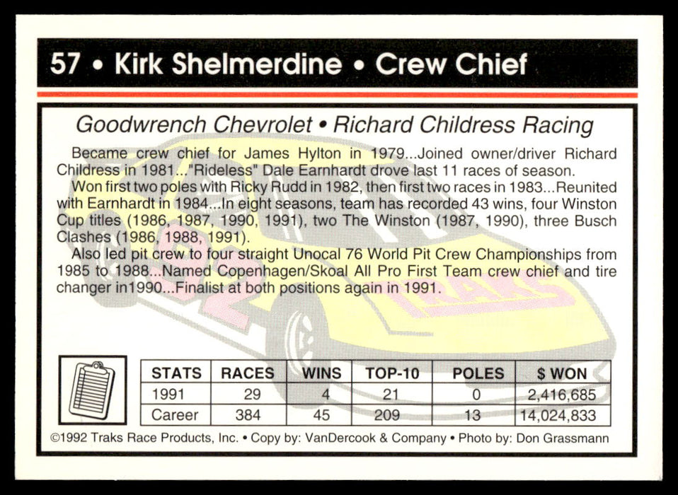 Kirk Shelmerdine 1992 Traks Base Back of Card