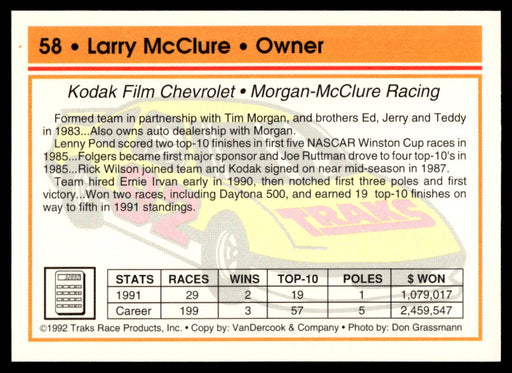 Larry McClure 1992 Traks Base Back of Card