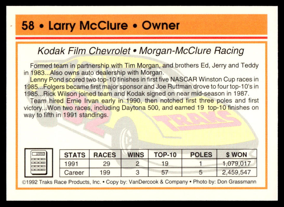 Larry McClure 1992 Traks Base Back of Card