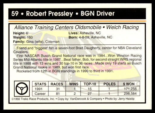 Robert Pressley 1992 Traks Base Back of Card