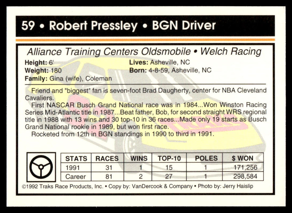 Robert Pressley 1992 Traks Base Back of Card