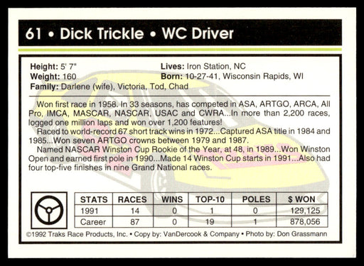 Dick Trickle 1992 Traks Base Back of Card