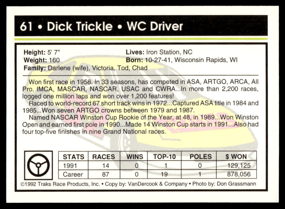 Dick Trickle 1992 Traks Base Back of Card