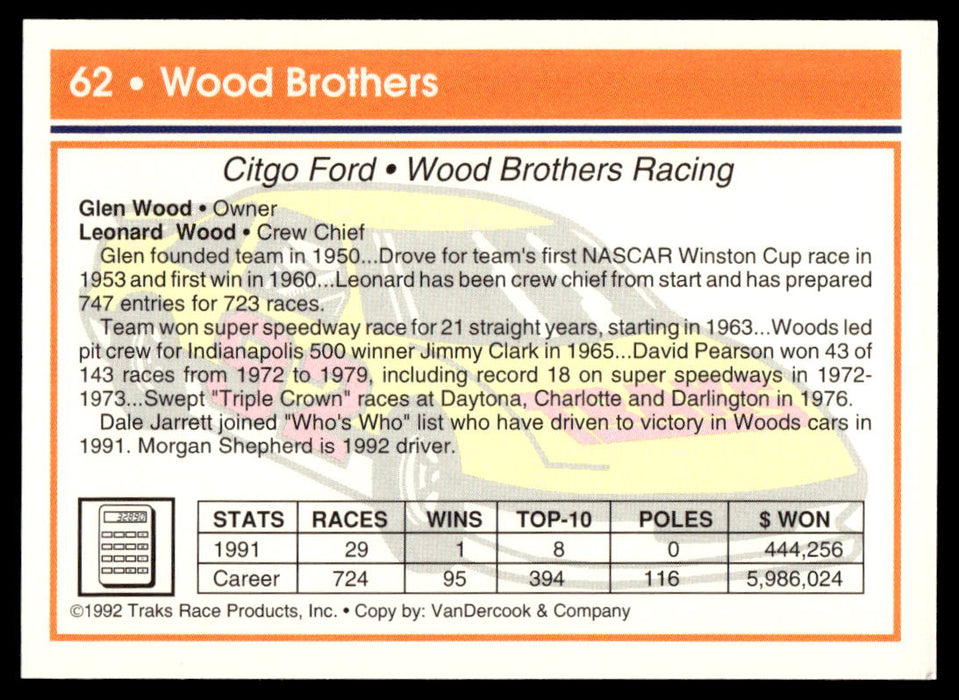 Wood Brothers 1992 Traks Base Back of Card