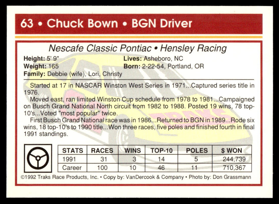 Chuck Bown 1992 Traks Base Back of Card