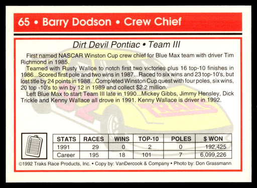 Barry Dodson 1992 Traks Base Back of Card