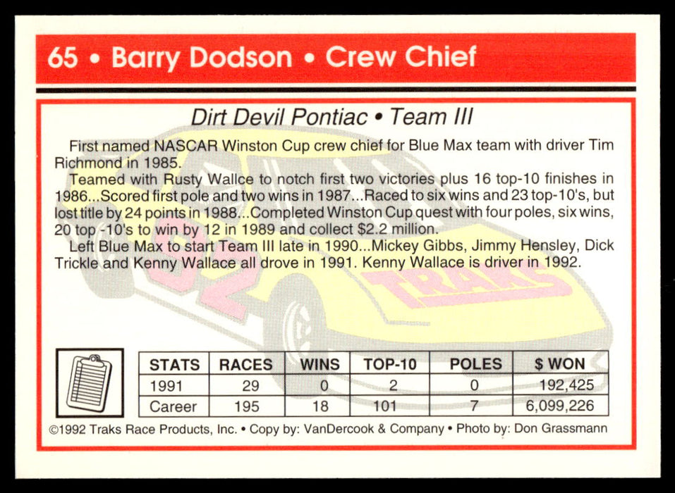 Barry Dodson 1992 Traks Base Back of Card