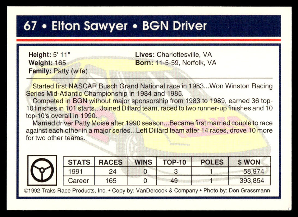 Elton Sawyer 1992 Traks Base Back of Card