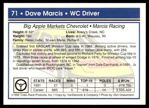 Dave Marcis 1992 Traks Base Back of Card