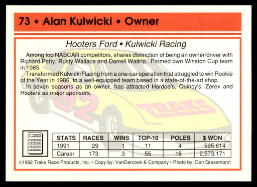 Alan Kulwicki 1992 Traks Base Back of Card