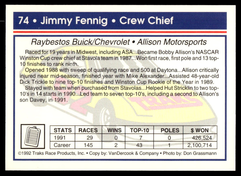 Jimmy Fennig 1992 Traks Base Back of Card