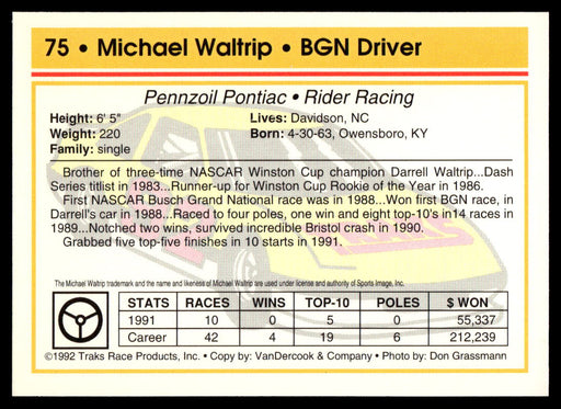 Michael Waltrip 1992 Traks Base Back of Card