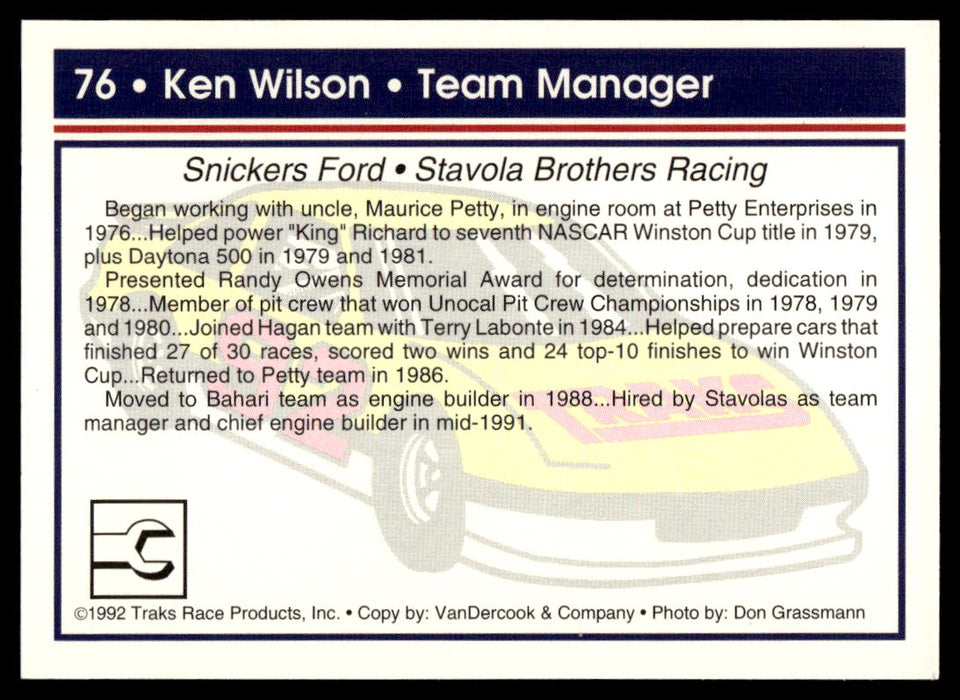 Ken Wilson 1992 Traks Base Back of Card