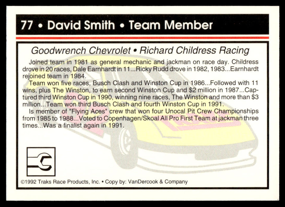 David Smith 1992 Traks Base Back of Card